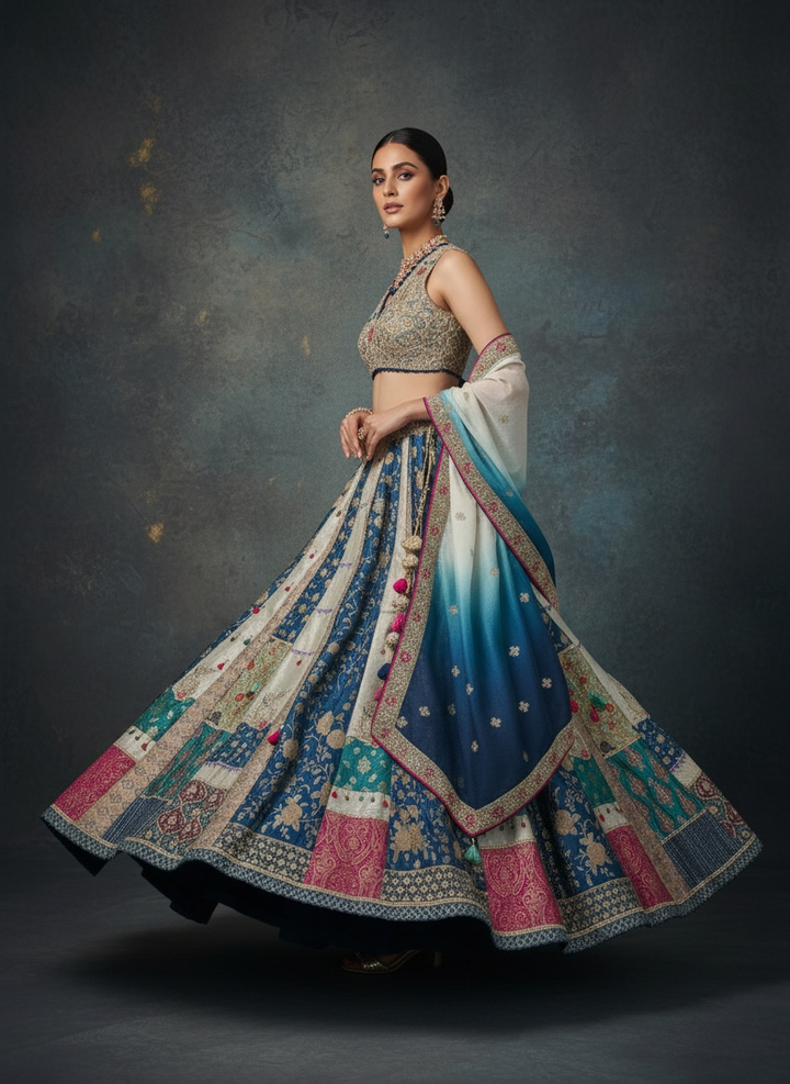Ocean Ombre Patchwork Silk Lehenga with Embroidered Blouse & Dual-Tone Dupatta