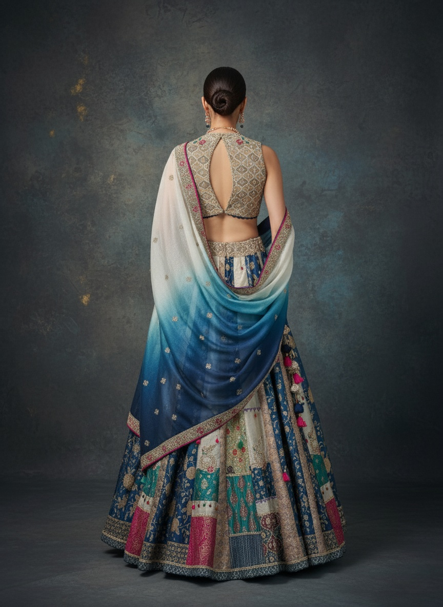 Ocean Ombre Patchwork Silk Lehenga with Embroidered Blouse & Dual-Tone Dupatta