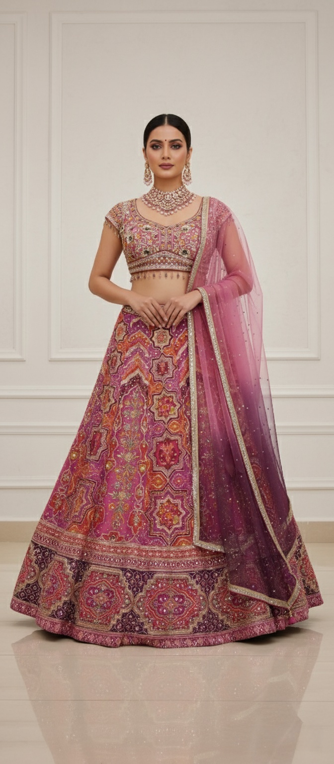 Royal Pink Embroidered with Ombre Dupatta Lehenga Choli Set