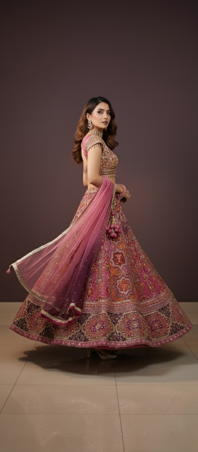 Royal Pink Embroidered with Ombre Dupatta Lehenga Choli Set