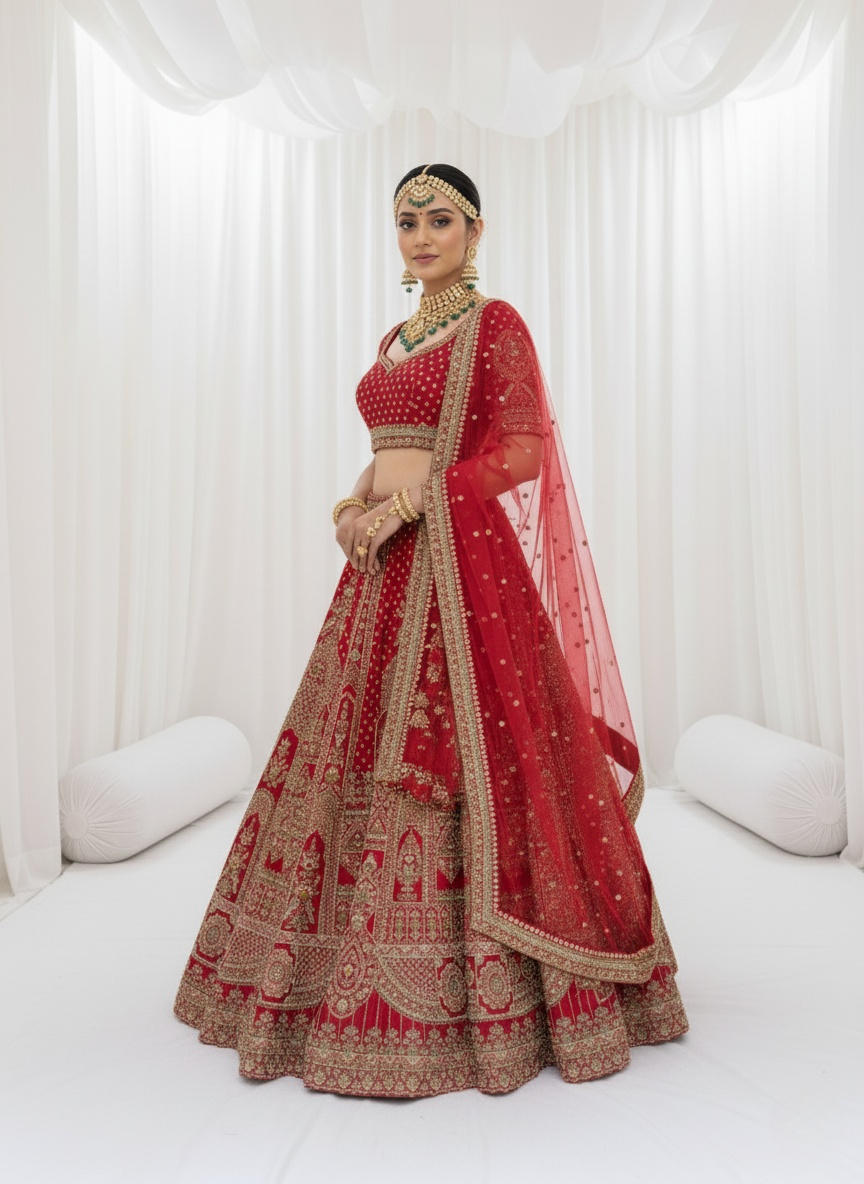 Crimson Red Zardozi Bridal Lehenga with Double Dupatta – The Royal Heritage Edit