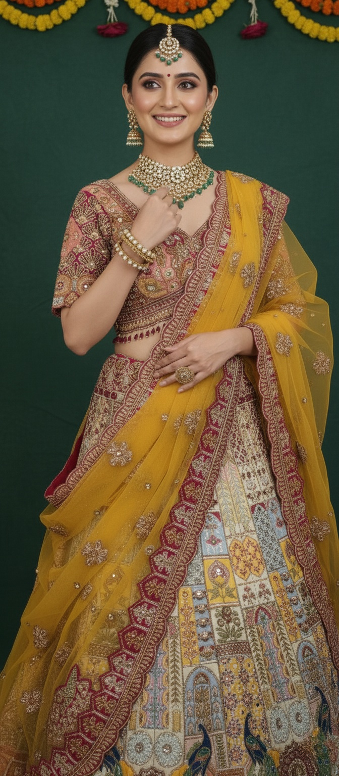 Multicolour Peacock Embroidered Bridal Lehenga with Mustard Dupatta – Heritage Mosaic Couture