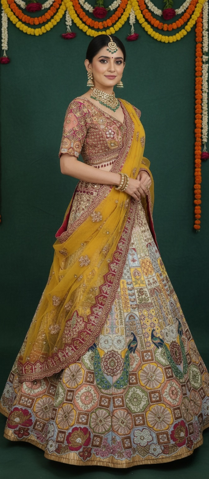 Multicolour Peacock Embroidered Bridal Lehenga with Mustard Dupatta – Heritage Mosaic Couture