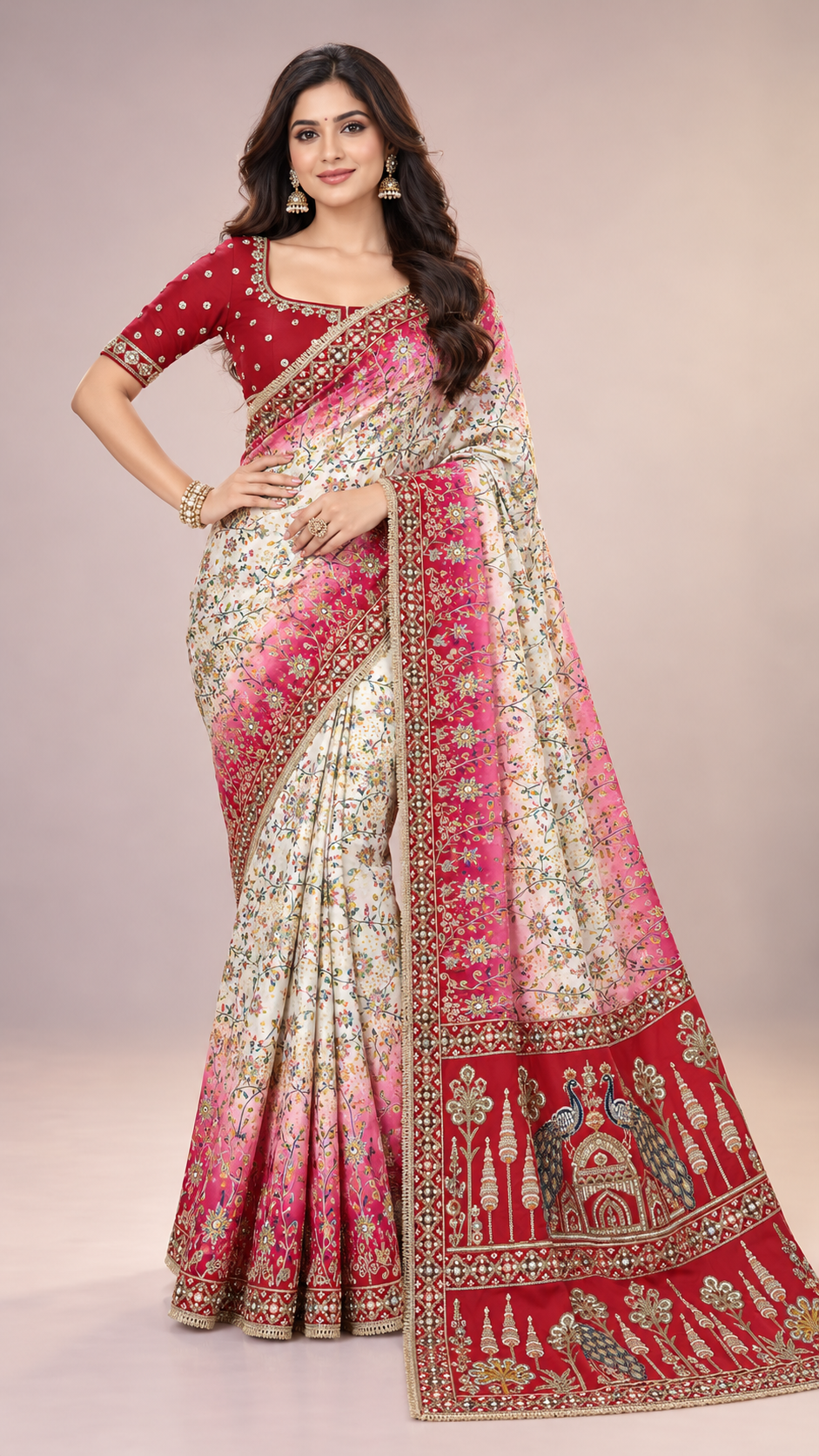 Multicolour Embroidered Designer Saree with Traditional Peacock Border