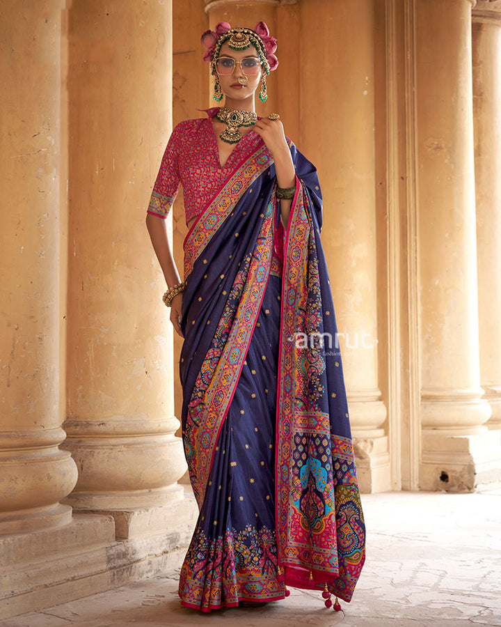 Indigo Floral Printed Olive green Border Saree with Unstitched Blouse 01