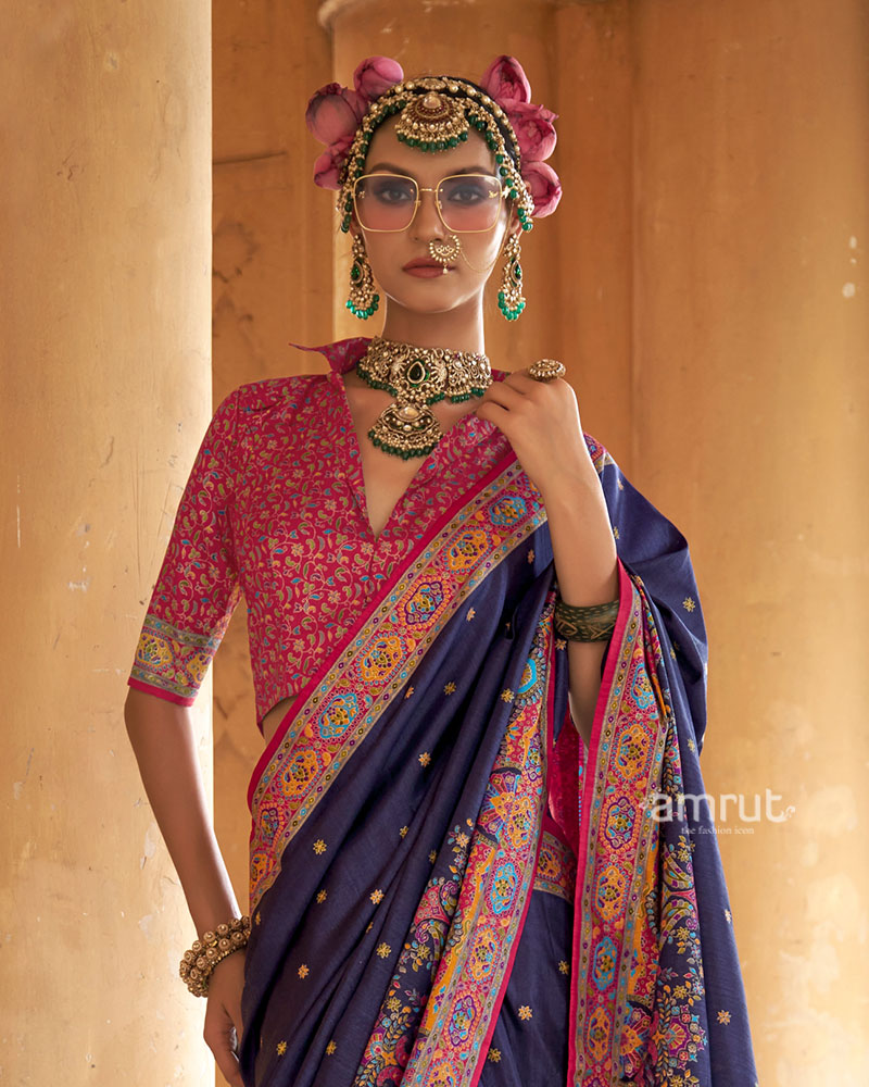 Indigo Floral Printed Olive green Border Saree with Unstitched Blouse 02