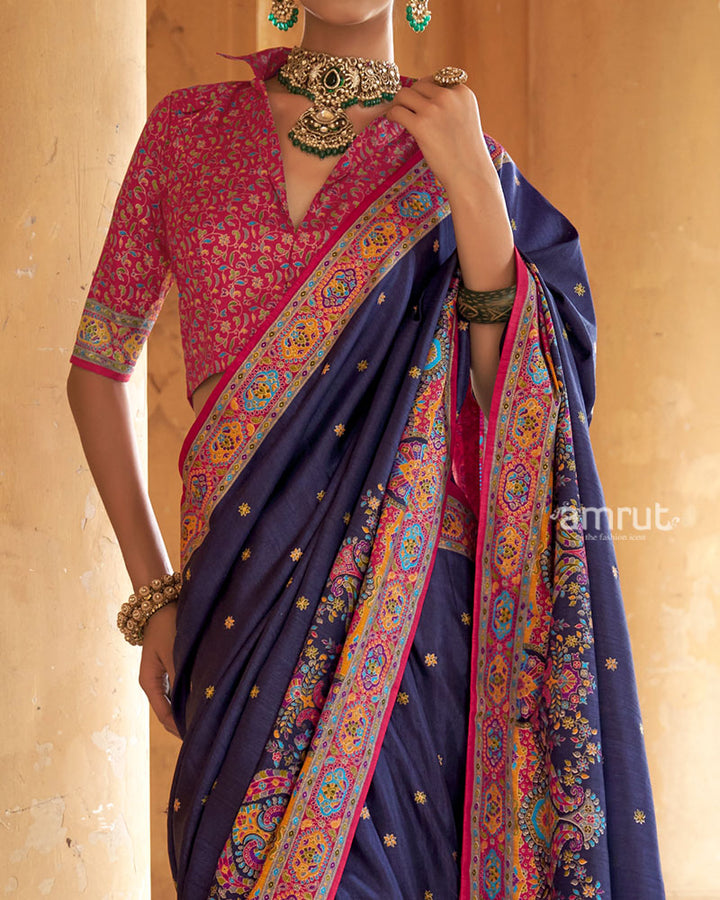 Indigo Floral Printed Olive green Border Saree with Unstitched Blouse 03