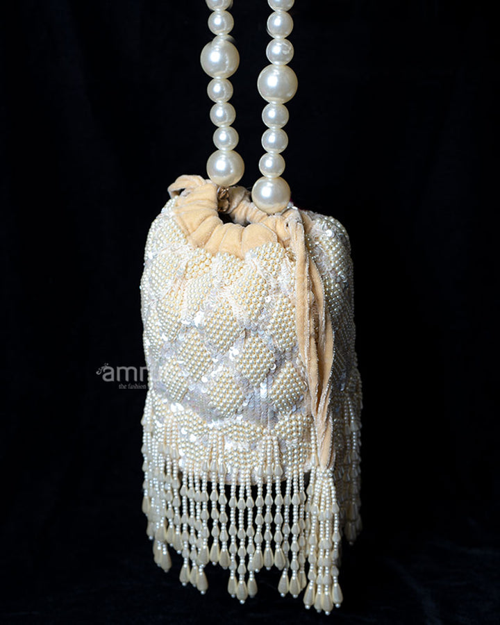 Iridescent Pearl and Sequin Velvet Bag with Teardrop Strands Potli Bag 01