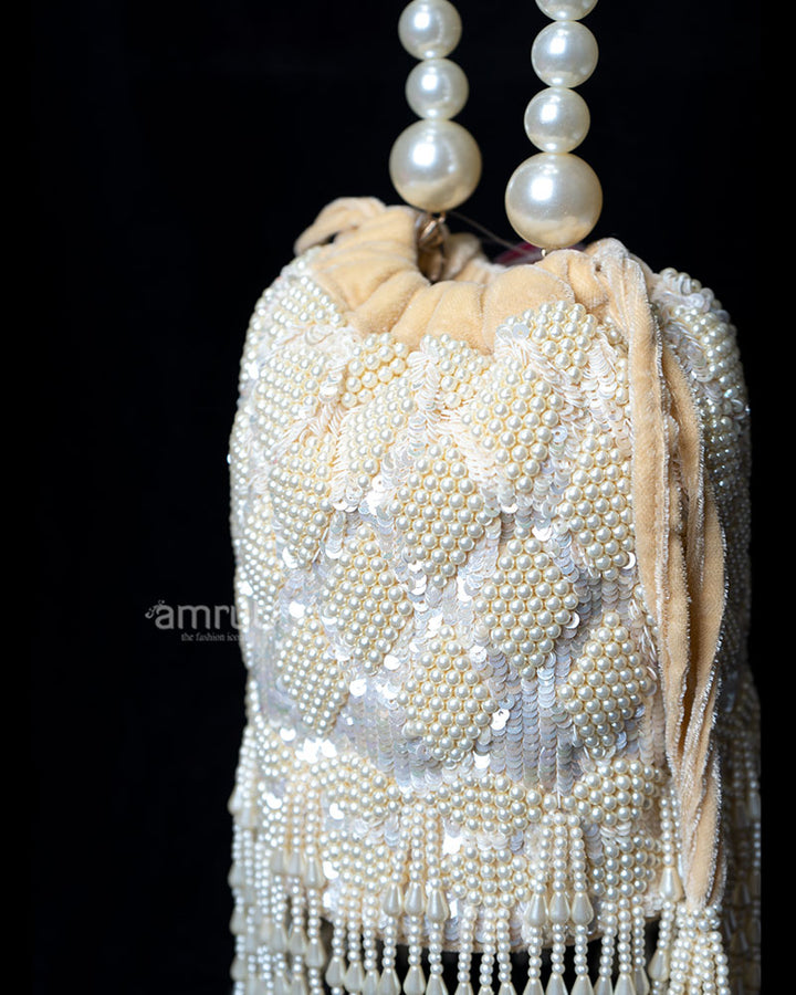 Iridescent Pearl and Sequin Velvet Bag with Teardrop Strands Potli Bag 02