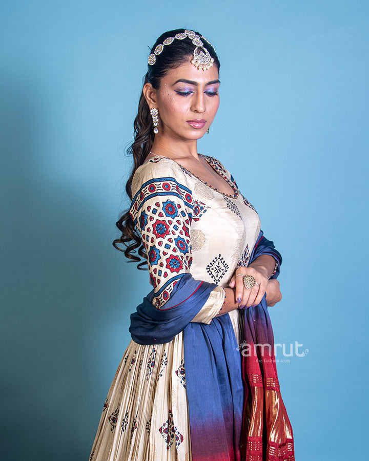 Ivory Cream Printed Ethnic Anarkali Dress