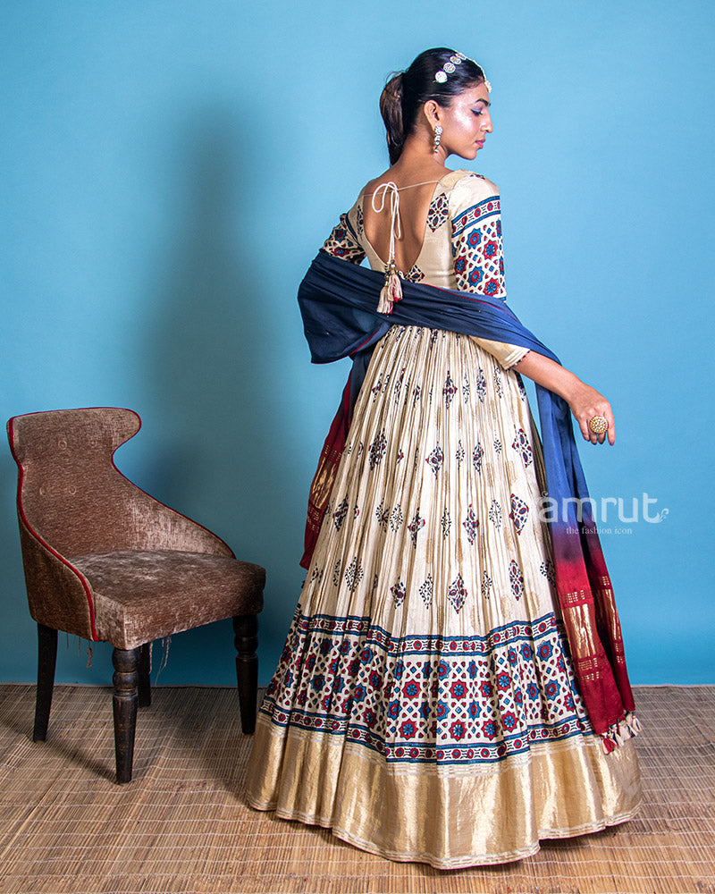 Ivory Cream Printed Ethnic Anarkali Dress