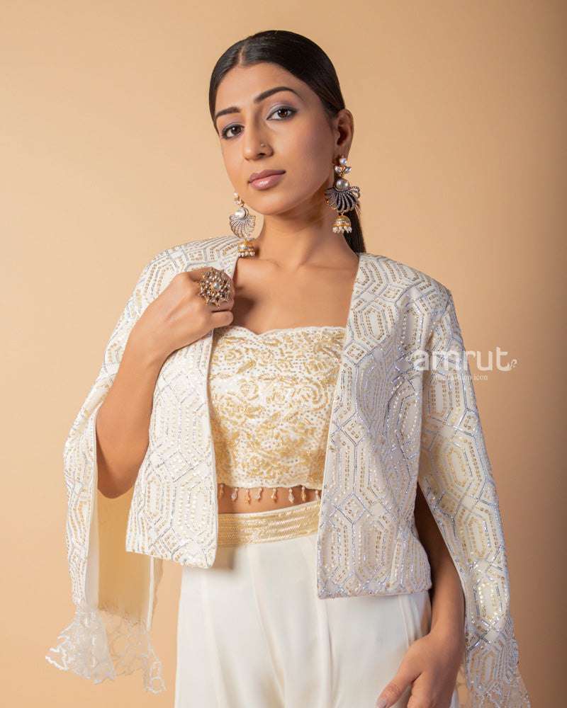 Ivory Embroidered Crop Top Palazzo Set With Shrug