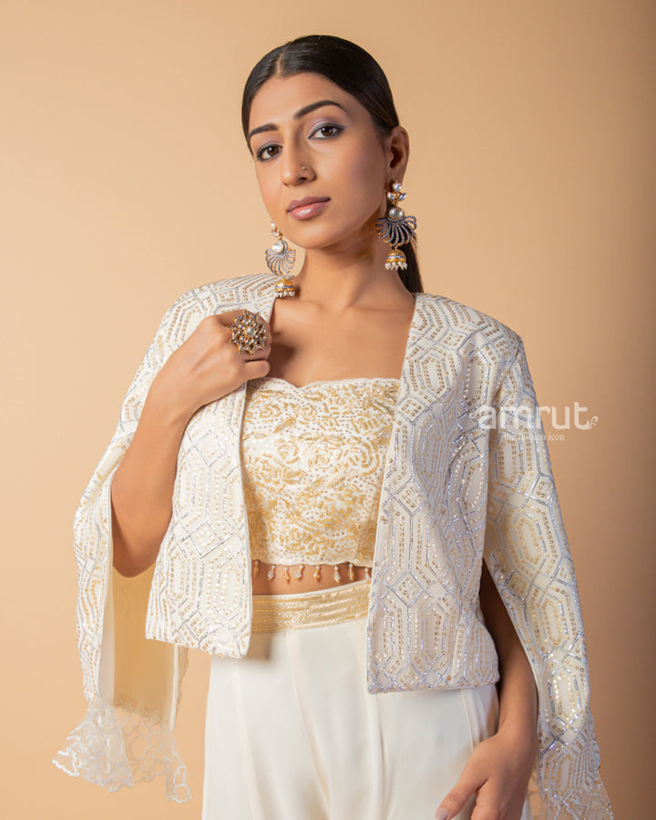 Ivory Embroidered Crop Top Palazzo Set With Shrug