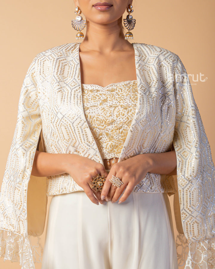 Ivory Embroidered Crop Top Palazzo Set With Shrug