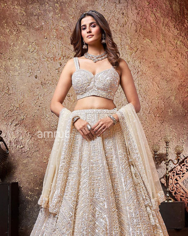 Ivory White Embroidered Lehenga Set in Raw Silk with Designer Blouse