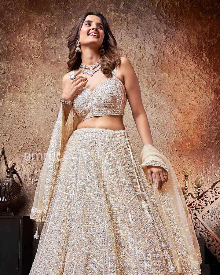 Ivory White Embroidered Lehenga Set in Raw Silk with Designer Blouse