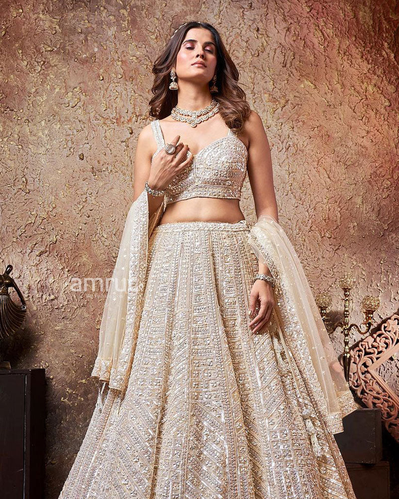 Ivory White Embroidered Lehenga Set in Raw Silk with Designer Blouse