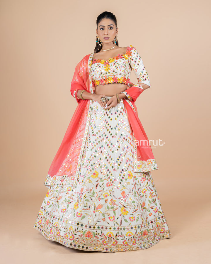 Ivory White Foil Mirror Work Embroidered Lehenga Set With Dupatta