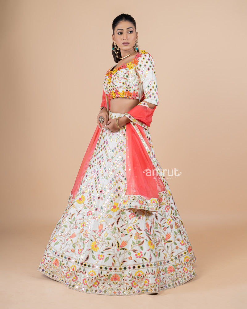 Ivory White Foil Mirror Work Embroidered Lehenga Set With Dupatta