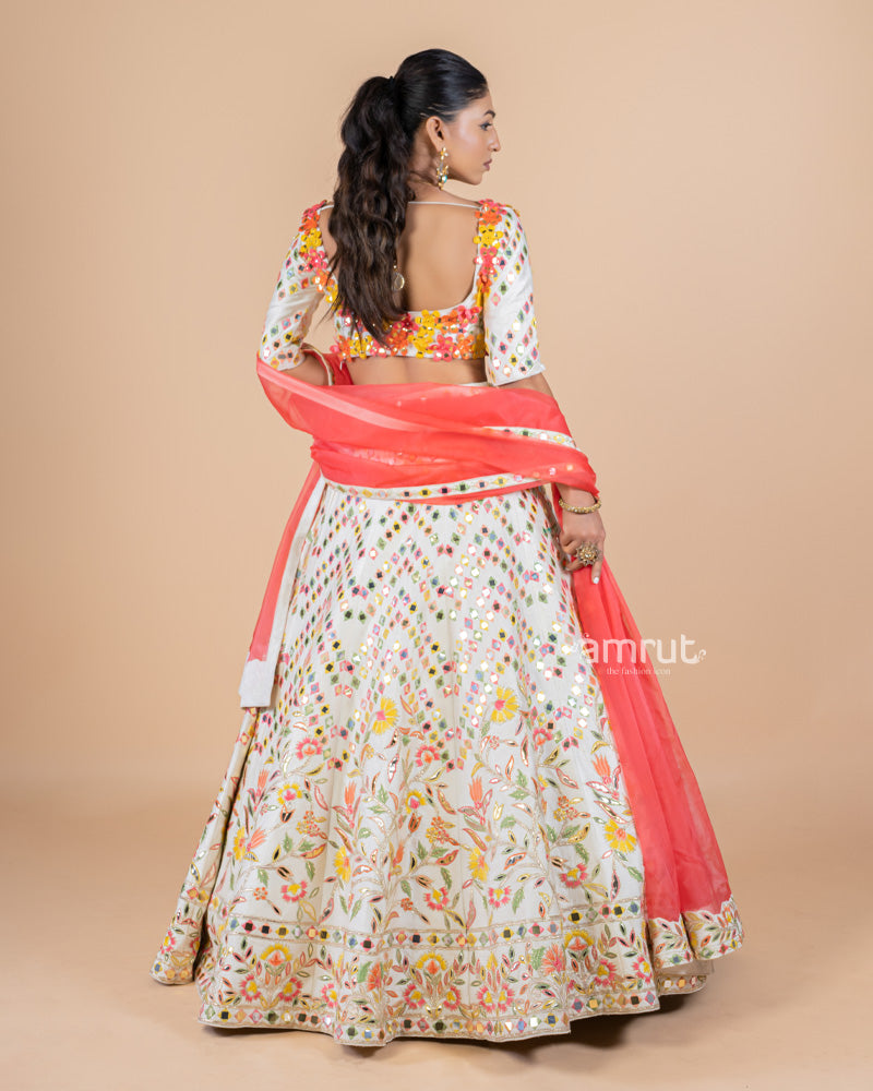 Ivory White Foil Mirror Work Embroidered Lehenga Set With Dupatta