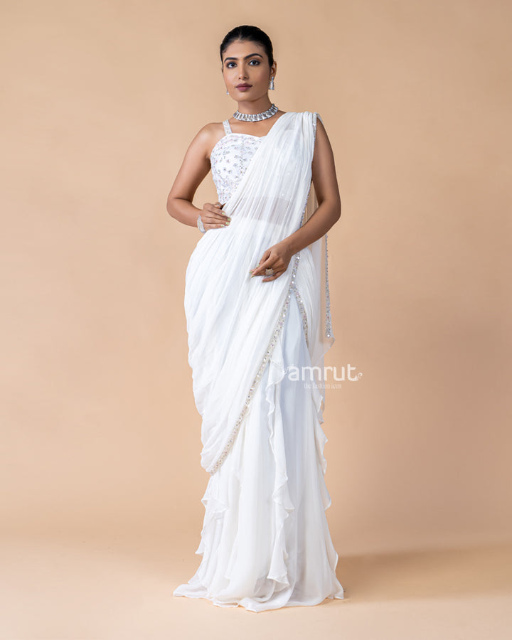 Ivory White Georgette Ready To Wear Saree