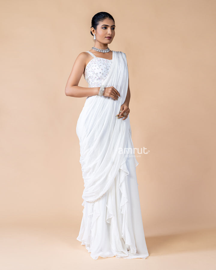 Ivory White Georgette Ready To Wear Saree