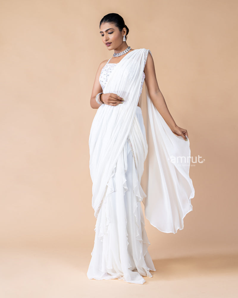 Ivory White Georgette Ready To Wear Saree