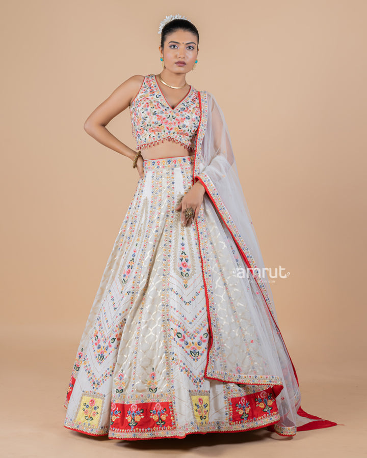 Ivory White Heavy Embroidered Lehenga Set With Red Tassel