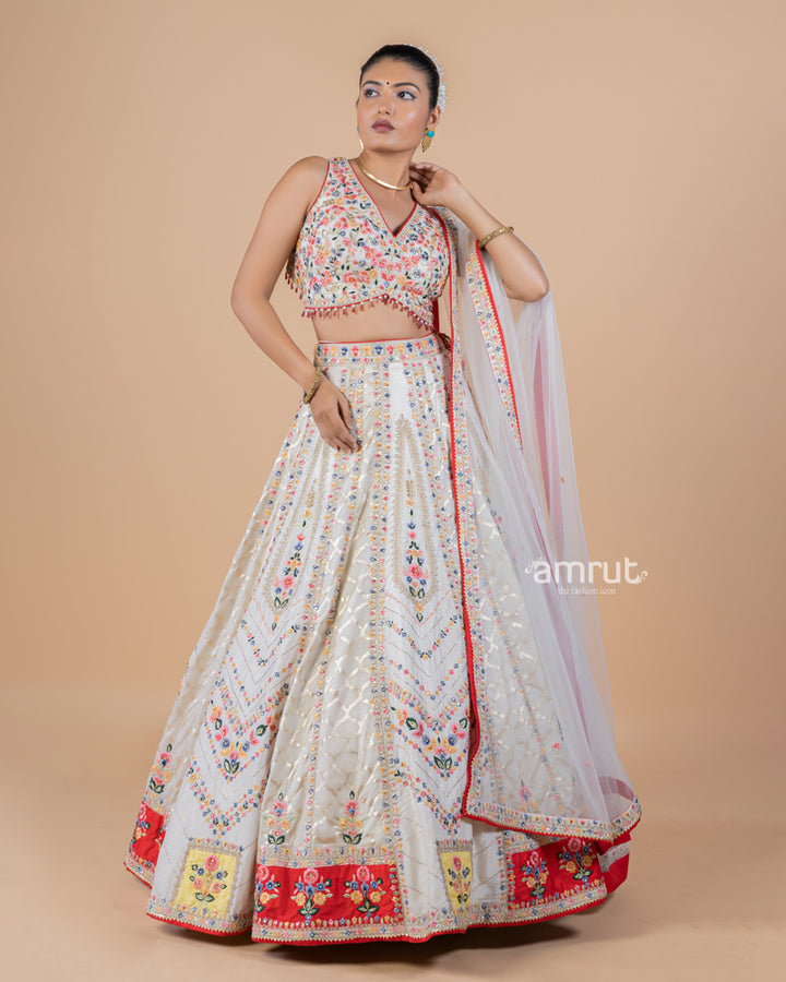 Ivory White Heavy Embroidered Lehenga Set With Red Tassel