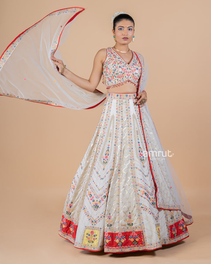 Ivory White Heavy Embroidered Lehenga Set With Red Tassel