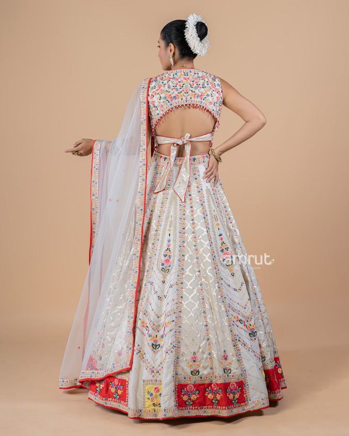 Ivory White Heavy Embroidered Lehenga Set With Red Tassel