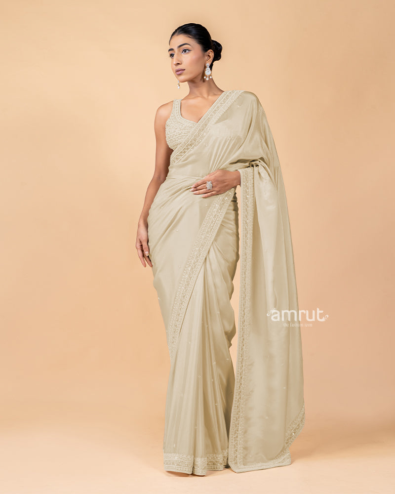 Ivory White Mirror Pearl Enhanced Saree with Ready to wear Blouse