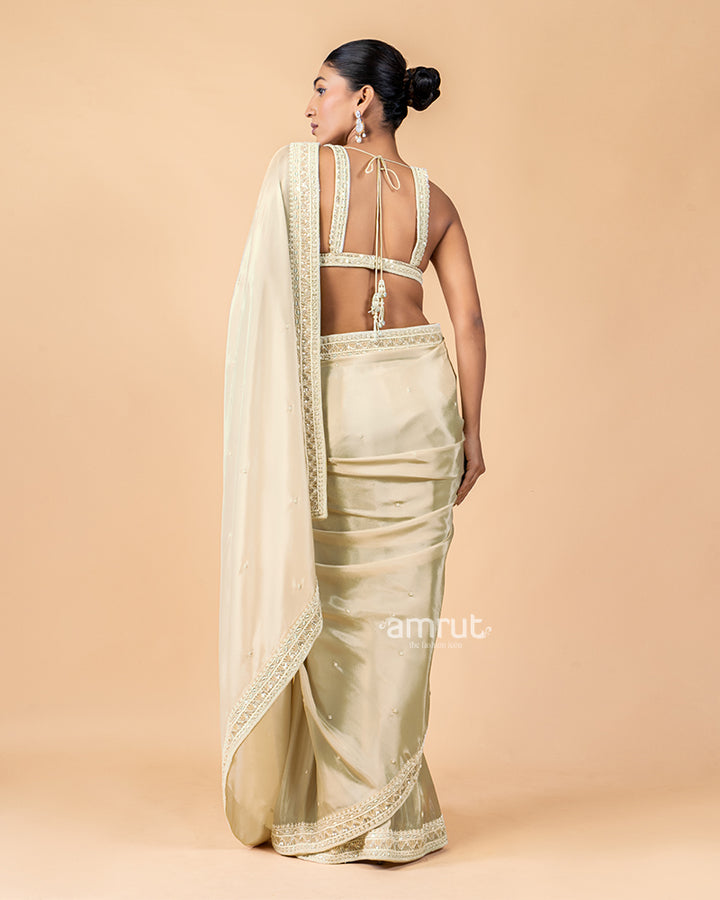 Ivory White Mirror Pearl Enhanced Saree with Ready to wear Blouse