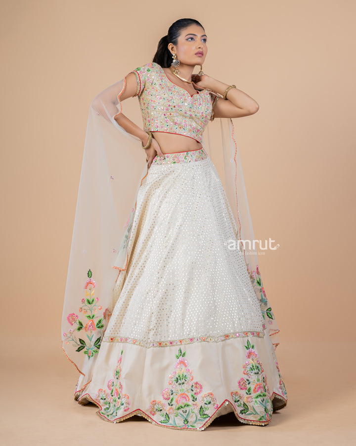 Ivory White Real Mirror Work Embroidered Lehenga Set and Dupatta