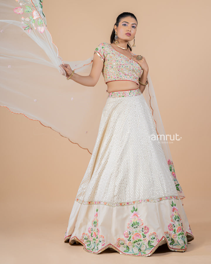 Ivory White Real Mirror Work Embroidered Lehenga Set and Dupatta