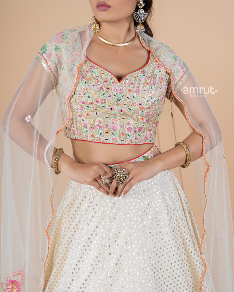 Ivory White Real Mirror Work Embroidered Lehenga Set and Dupatta