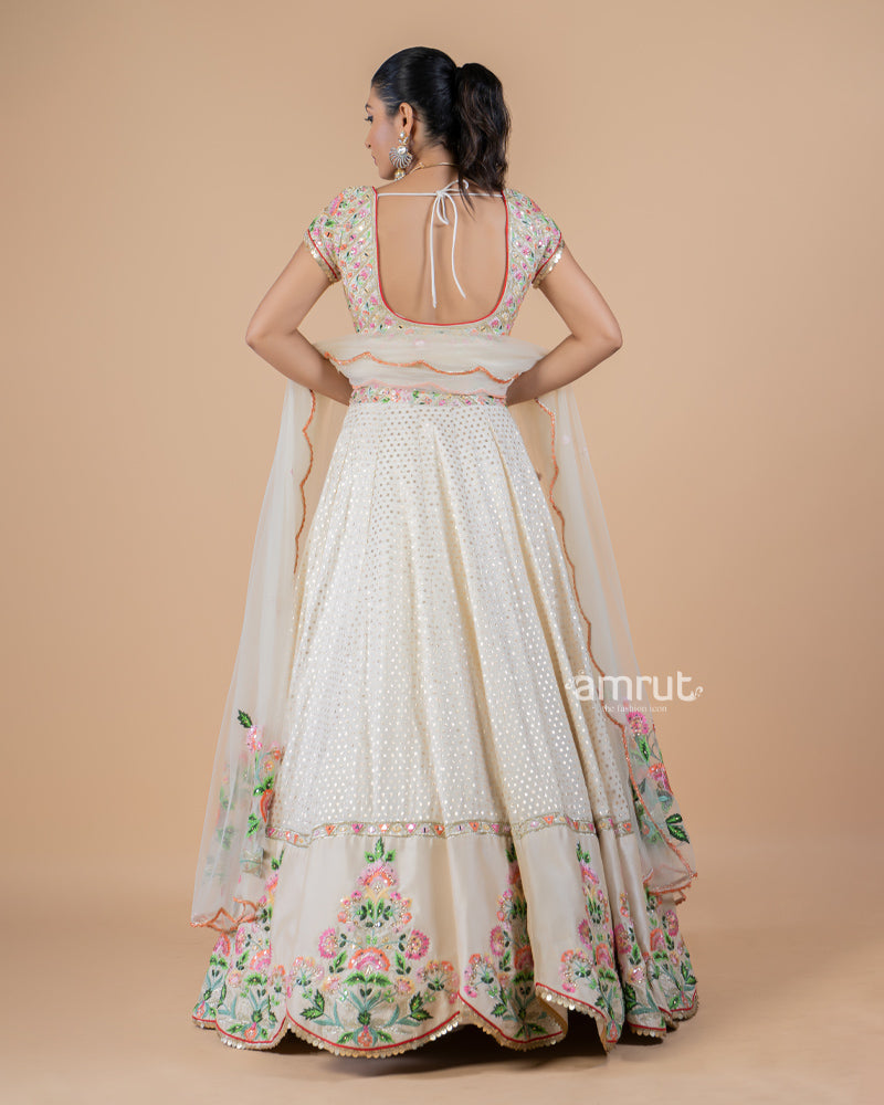 Ivory White Real Mirror Work Embroidered Lehenga Set and Dupatta