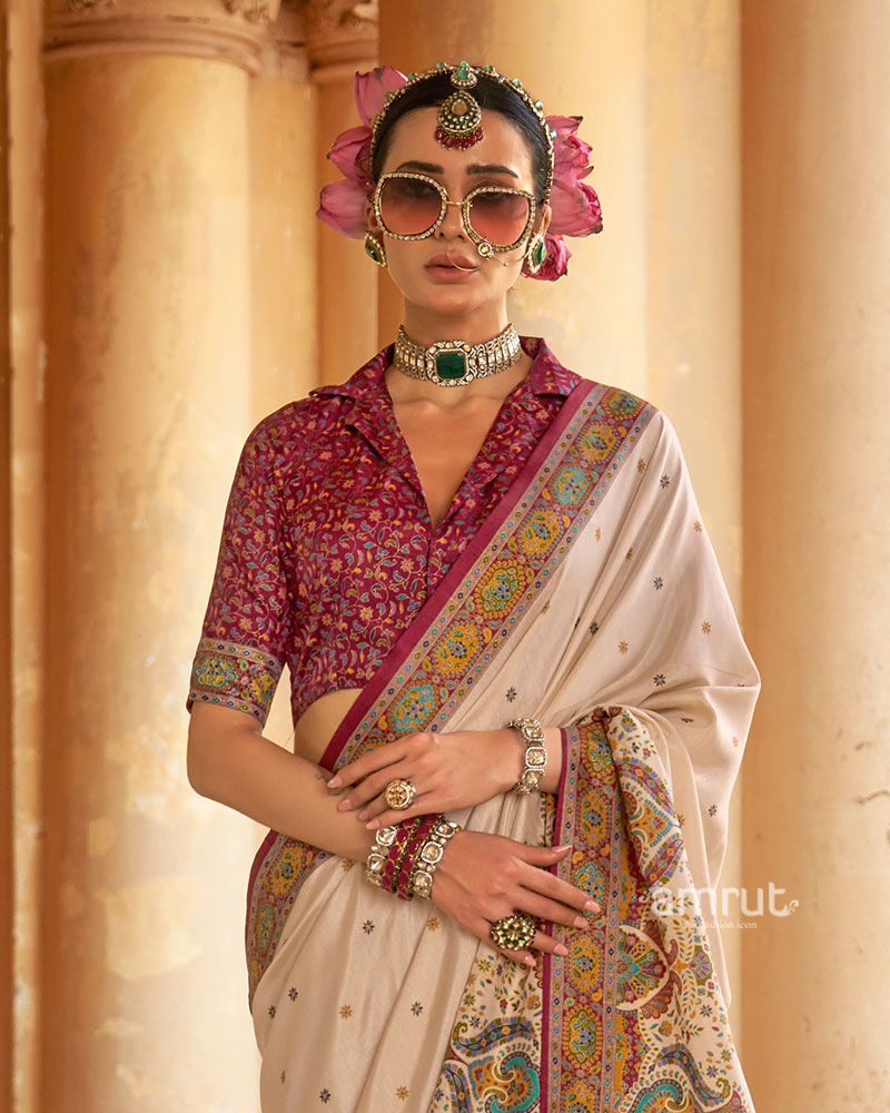 Ivory Floral Printed Border Saree with Unstitched Blouse 02