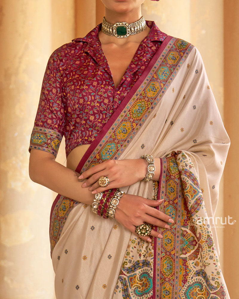 Ivory Floral Printed Border Saree with Unstitched Blouse 03