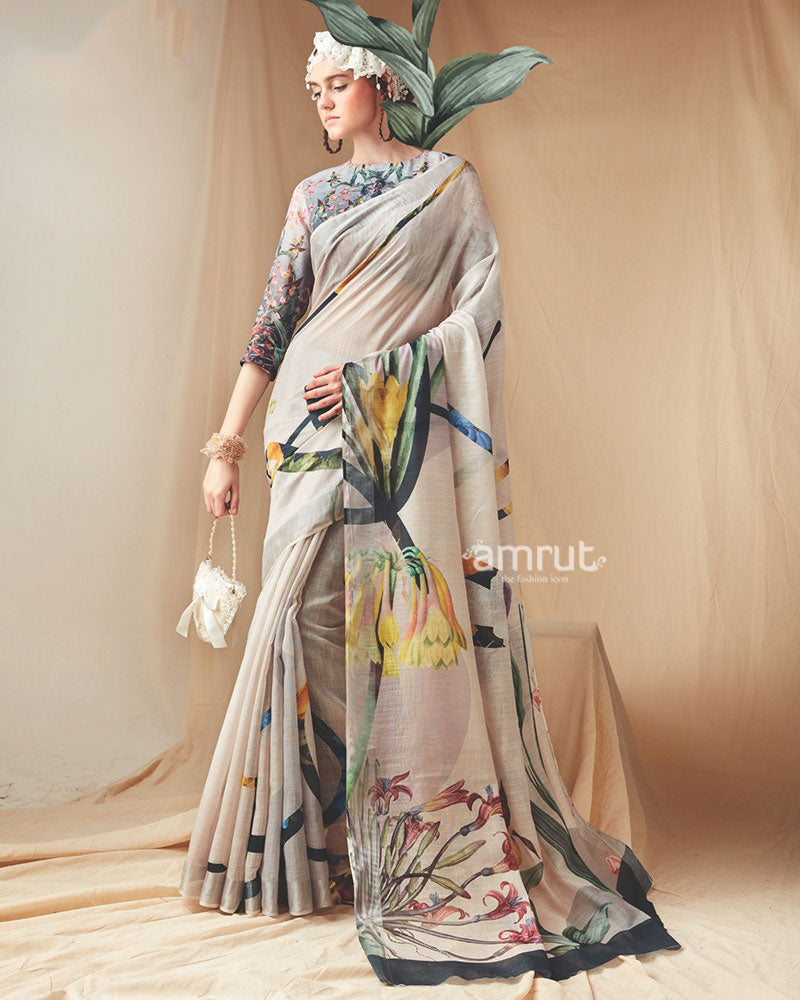 Ivory Floral Printed Saree with Unstitched Blouse 01