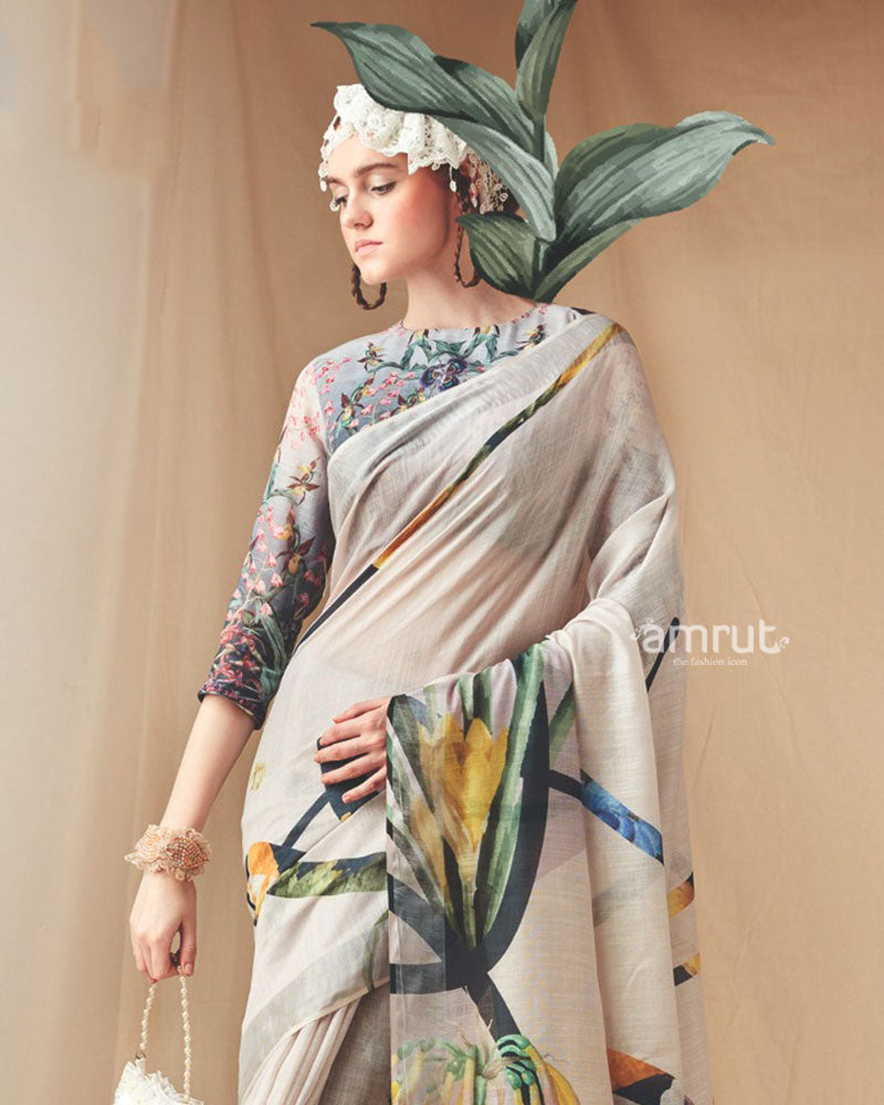 Ivory Floral Printed Saree with Unstitched Blouse 02