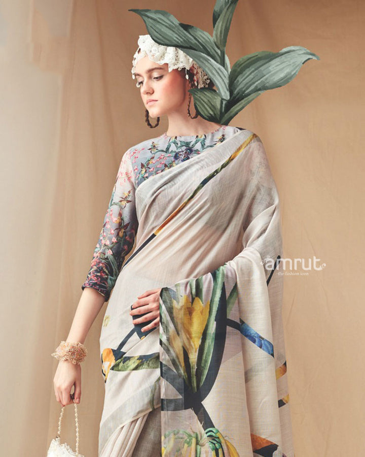 Ivory Floral Printed Saree with Unstitched Blouse 02