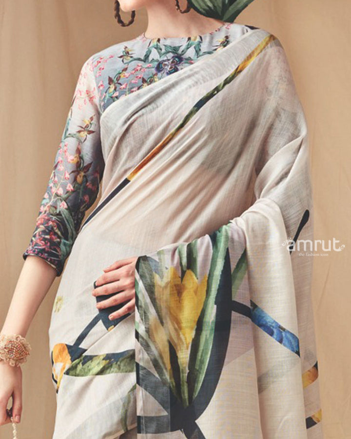 Ivory Floral Printed Saree with Unstitched Blouse 03