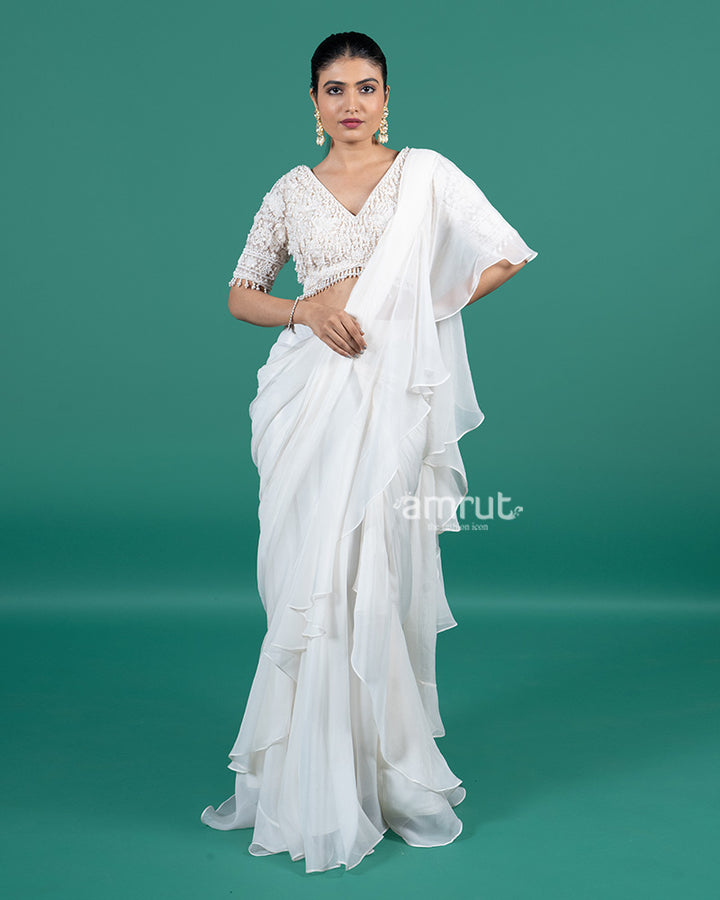 Ivory Ruffle Ready-to-Wear Saree with Pearl Embellished Blouse 01