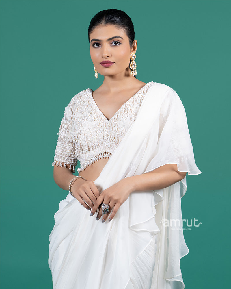 Ivory Ruffle Ready-to-Wear Saree with Pearl Embellished Blouse 02
