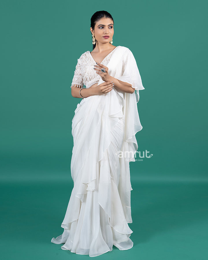 Ivory Ruffle Ready-to-Wear Saree with Pearl Embellished Blouse 04