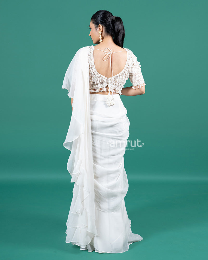 Ivory Ruffle Ready-to-Wear Saree with Pearl Embellished Blouse 05