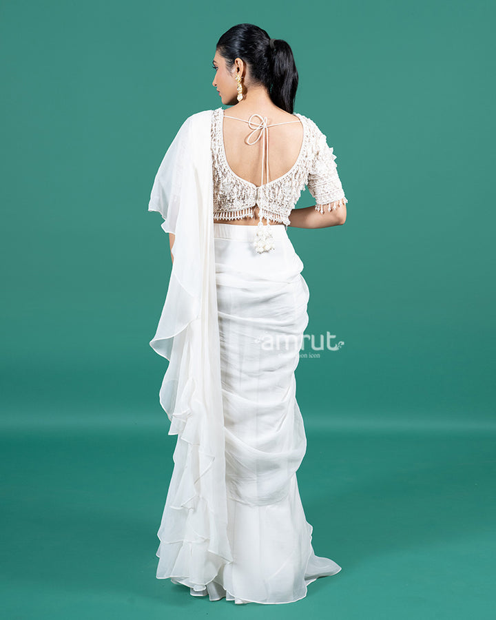 Ivory Ruffle Ready-to-Wear Saree with Pearl Embellished Blouse 05