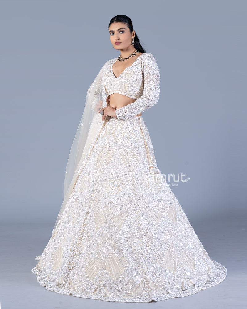 Ivory Sequin Embroidered Lehenga with V-Neck Choli and Dupatta 01