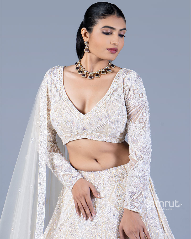 Ivory Sequin Embroidered Lehenga with V-Neck Choli and Dupatta 02